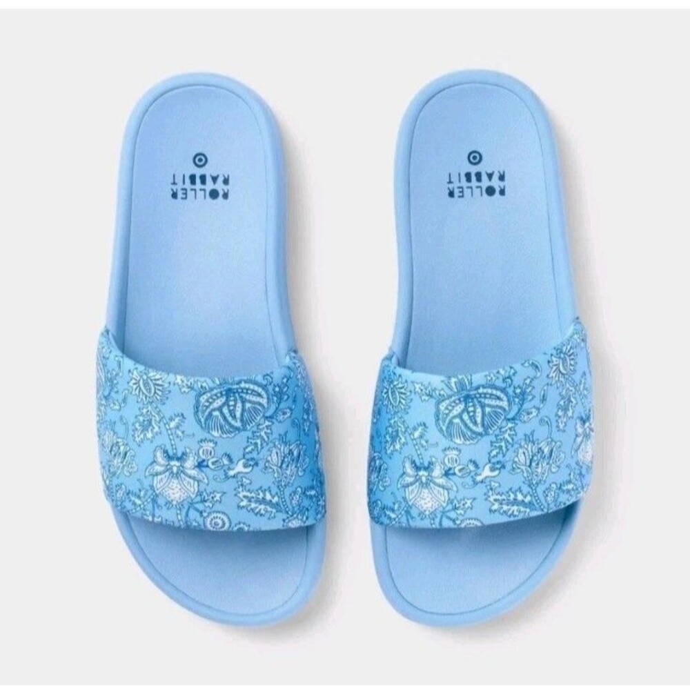 Roller Rabbit Target Adult Blue Floral Vines Geo Slide Sandals Size 7-8 NWT